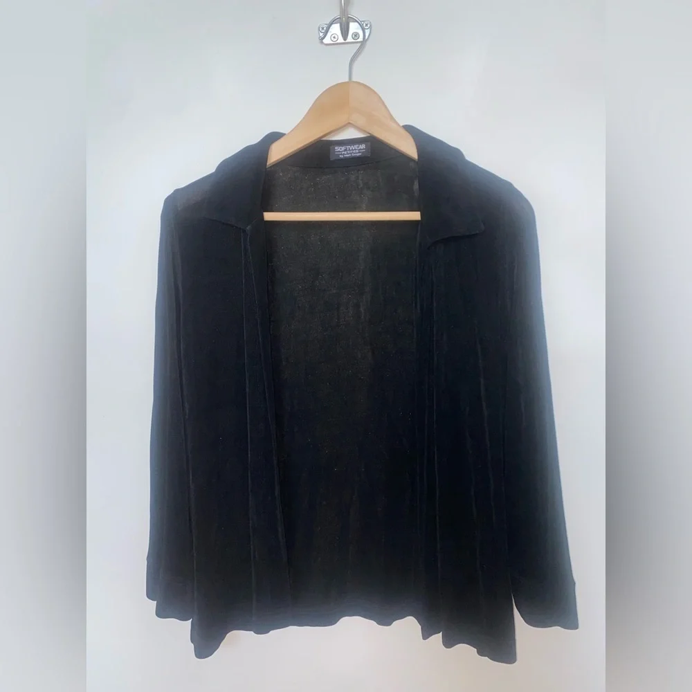 Vtg Mark Singer Softwear 90s Black Jersey Cardigan Knit Open Front Medium Petite